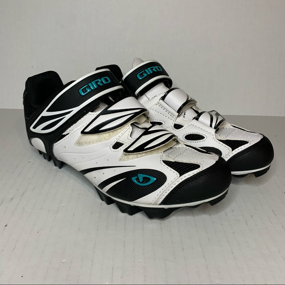 Womens Giro Riela Cycling Shoes White Black Teal Straps w/ SPD Cleats - US 8.5